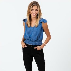 Francesca's Chambray Smocked Sleeveless Crop Top